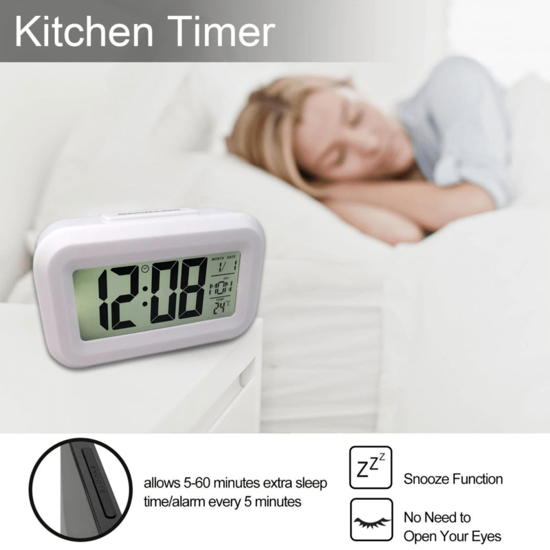 SmartAlarm Clock - Compact LCD Alarm Clock with Music Alarm and Temperature