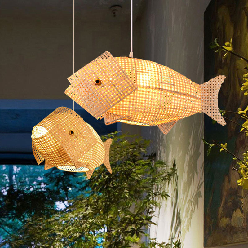 WaveGlow Pendant - Elegant Asian-Style Wood and Rattan Suspension