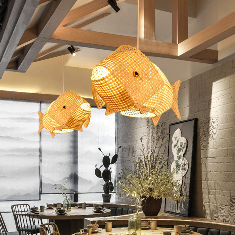 WaveGlow Pendant - Elegant Asian-Style Wood and Rattan Suspension