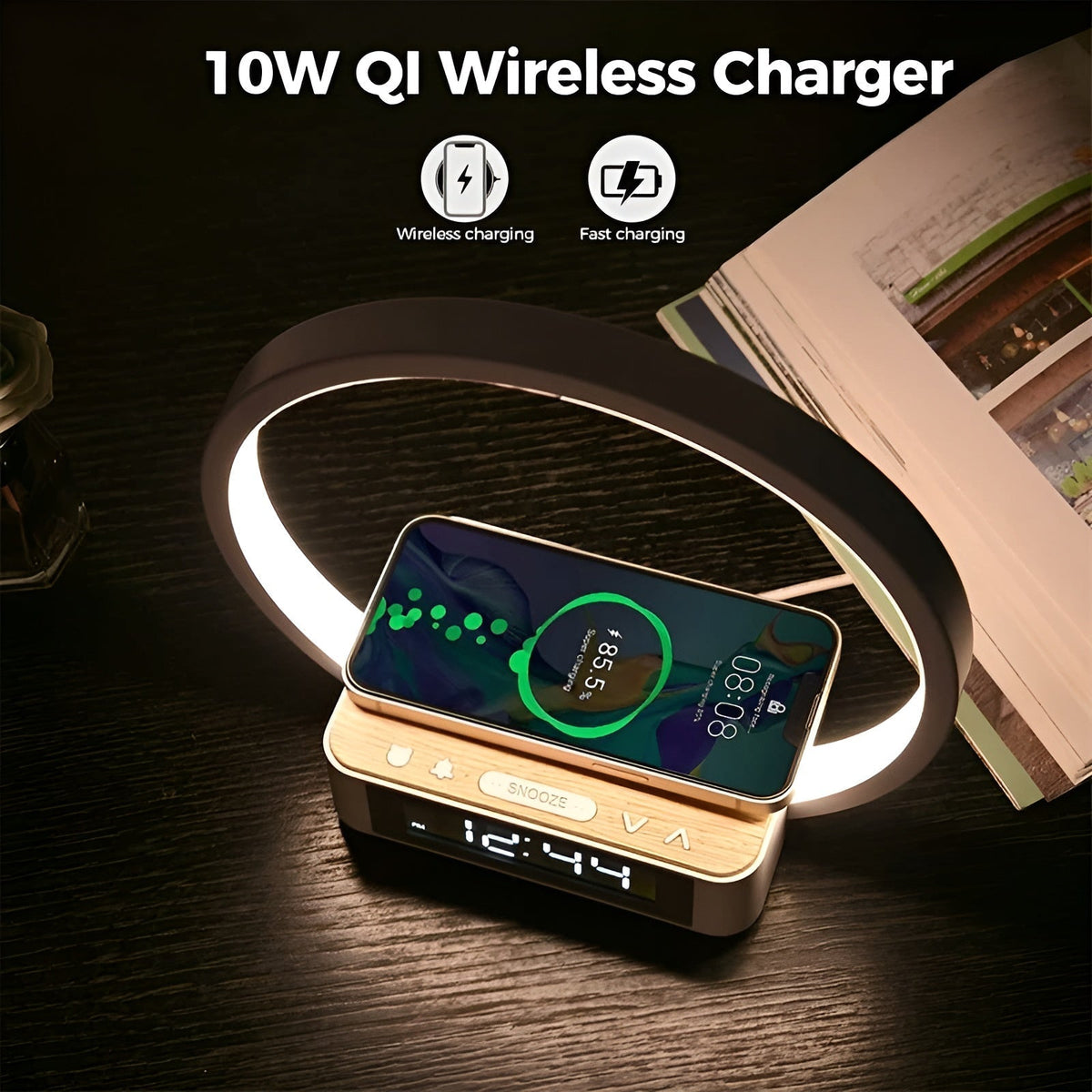 LuminaCharge - 3-in-1 Bedside Lamp with Wireless Charger and Alarm Clock