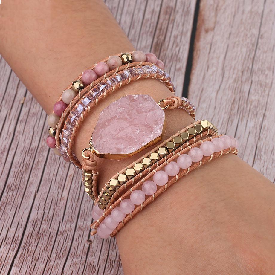 Amoria - Bracelet en quartz rose et accents dorés