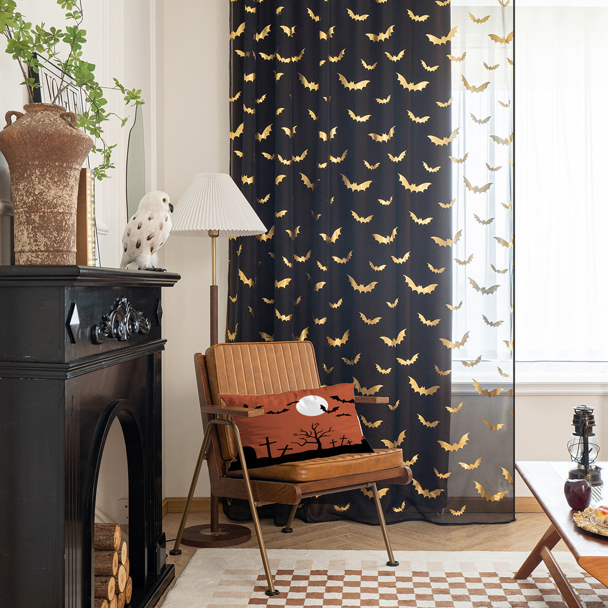 BatGlow Curtains - Black Sheer Voile with Bat Print