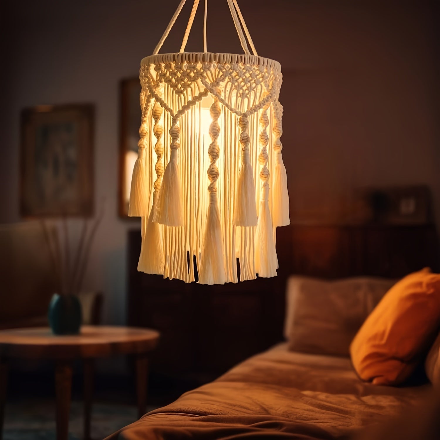 BohoTwist Pendant - Abat-jour boheme tisse main a pompons