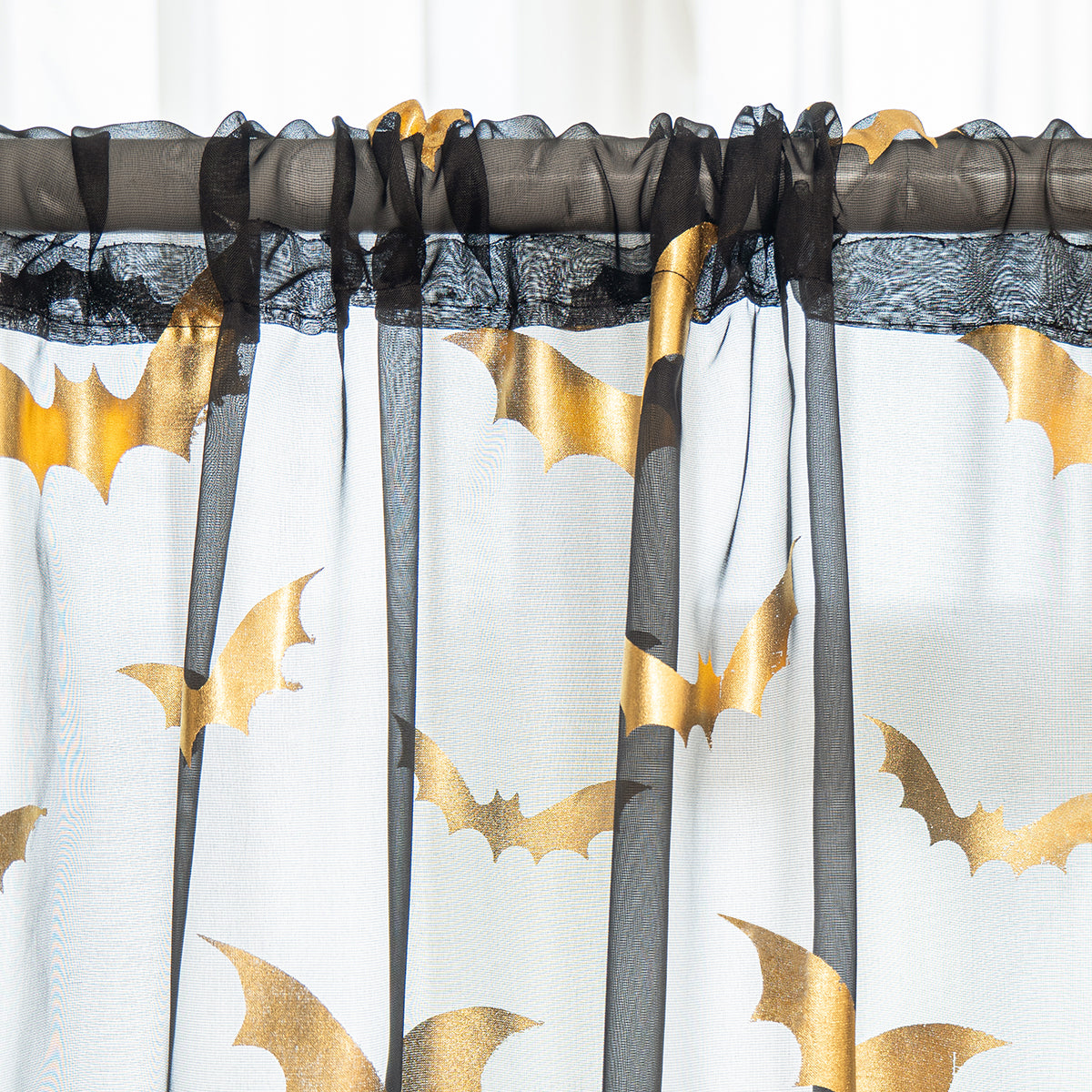 BatGlow Curtains - Black Sheer Voile with Bat Print