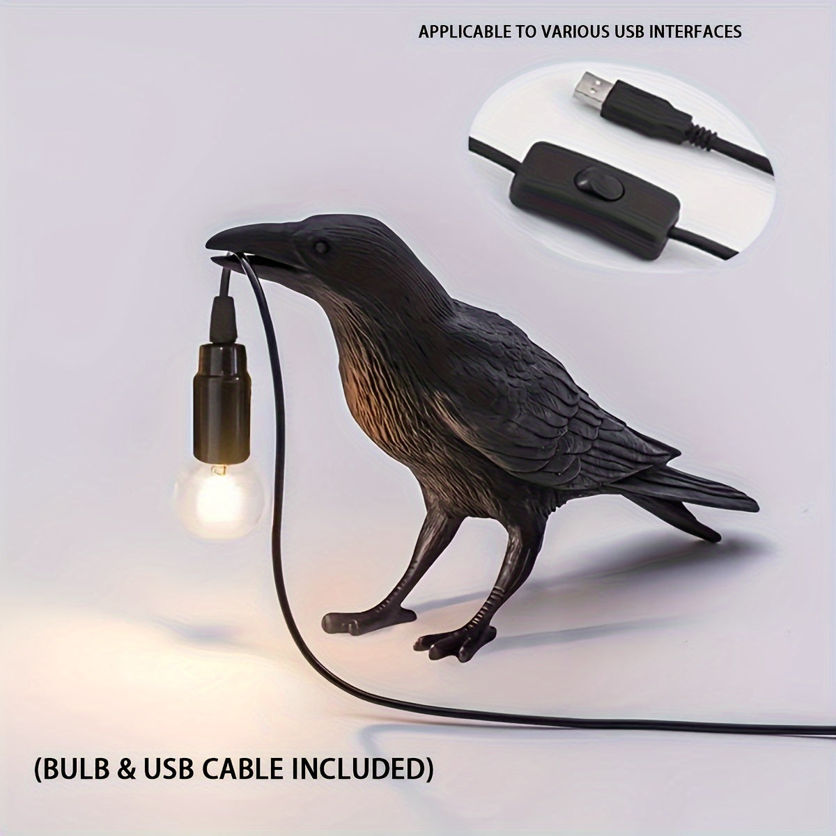 RavenLicht - Elegant Raven Table Lamp with USB Port