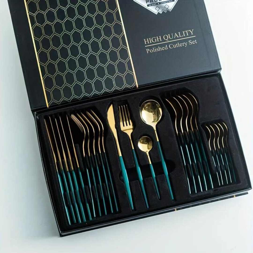 IvoraGold - Golden 24-Piece Stainless Steel Cutlery Set