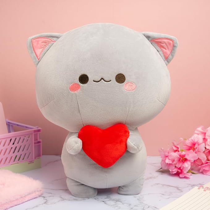LullaPlush - Gray Cat Plush with Heart, the Perfect Comfort Toy for All Ages