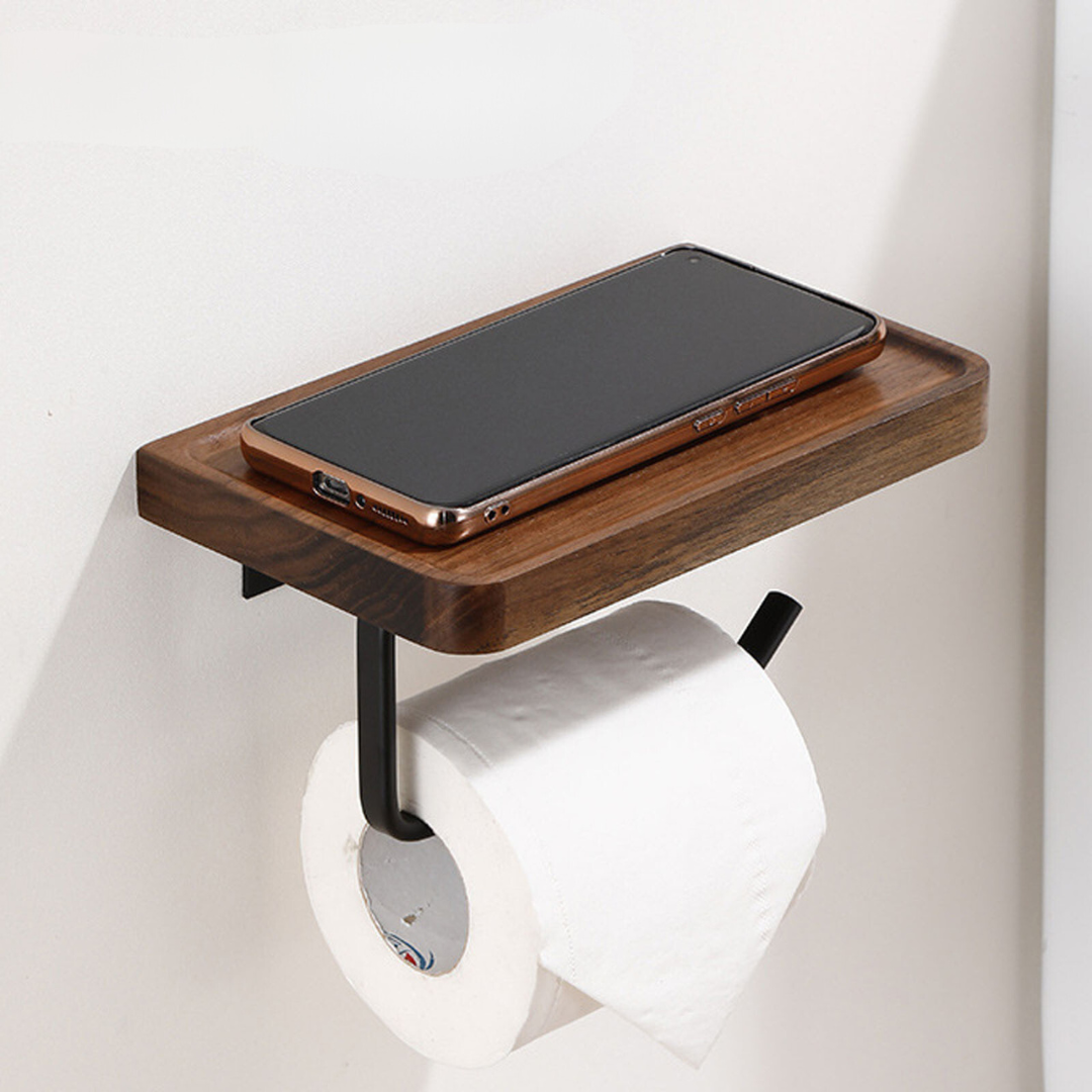 Wall-Mounted Toilet Paper Holder - Walnut and Stainless Steel Bathroom Accessory