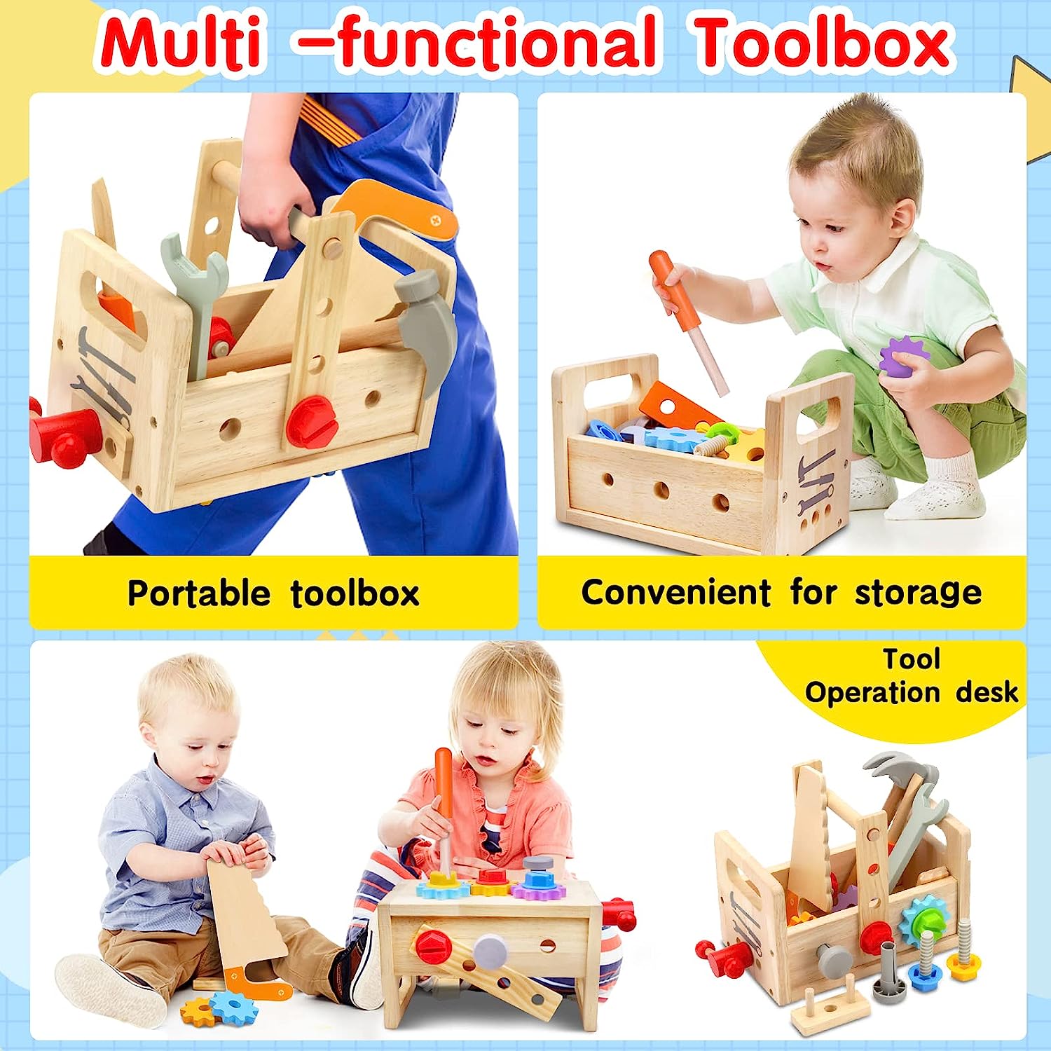 ImaginBlock - 29-Piece Wooden Tool Box Creative Building Set for Kids