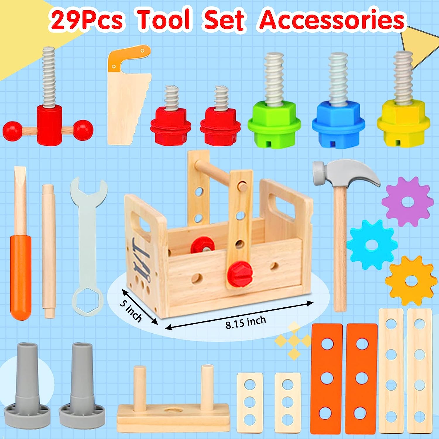 ImaginBlock - 29-Piece Wooden Tool Box Creative Building Set for Kids