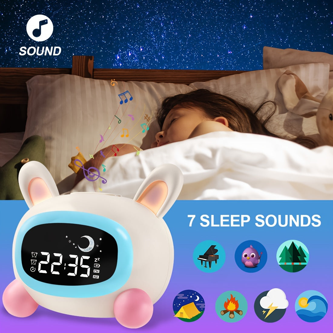 BunnyTime - Rabbit Alarm Clock with Night Light and Soothing Sounds