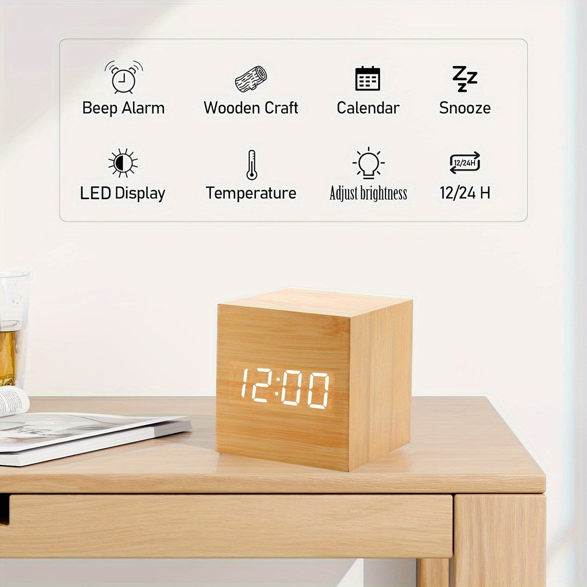 WoodTime Clock - Elegant Wooden Alarm Clock with LED Display
