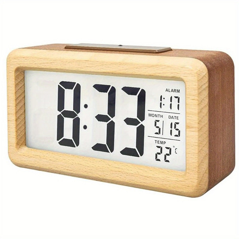 WoodChrono - Elegant Wooden Alarm Clock with Calendar and Temperature