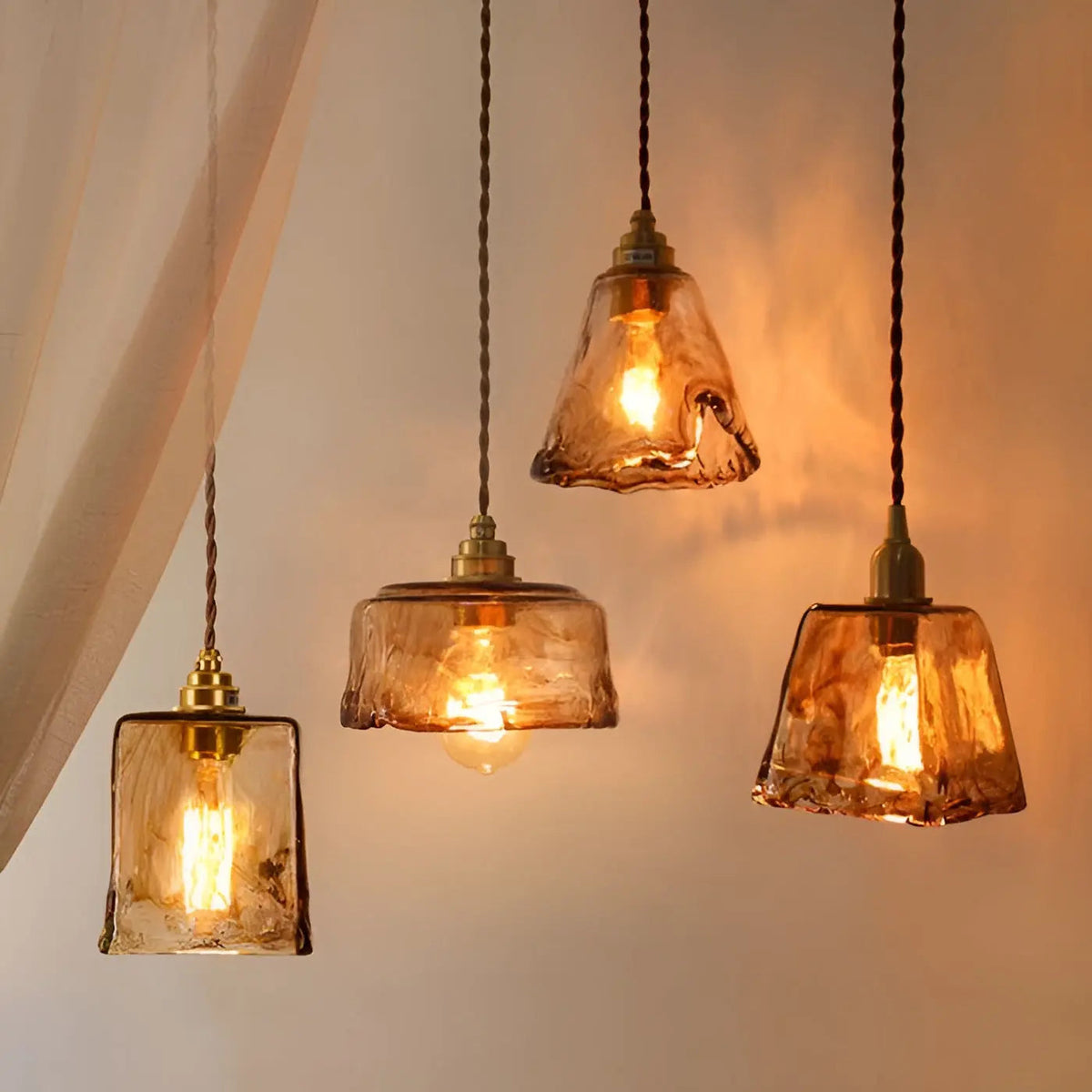 GlassElegance - Amber Glass Pendant Light with Crystal Prisms