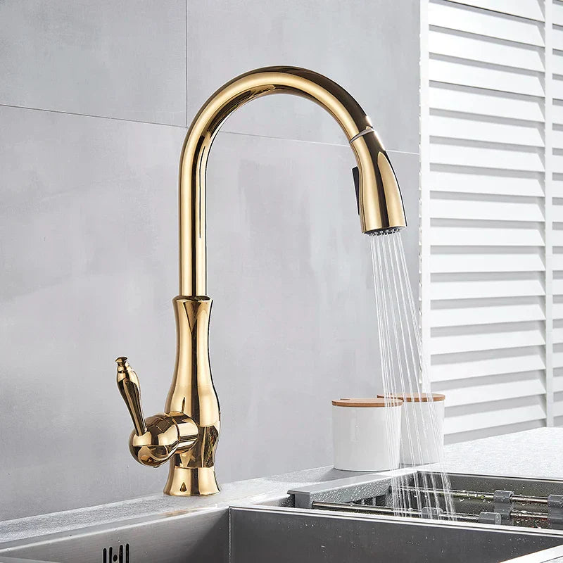 GlamFaucet - Gold Kitchen Mixer Tap with Pull-Out Sprayer