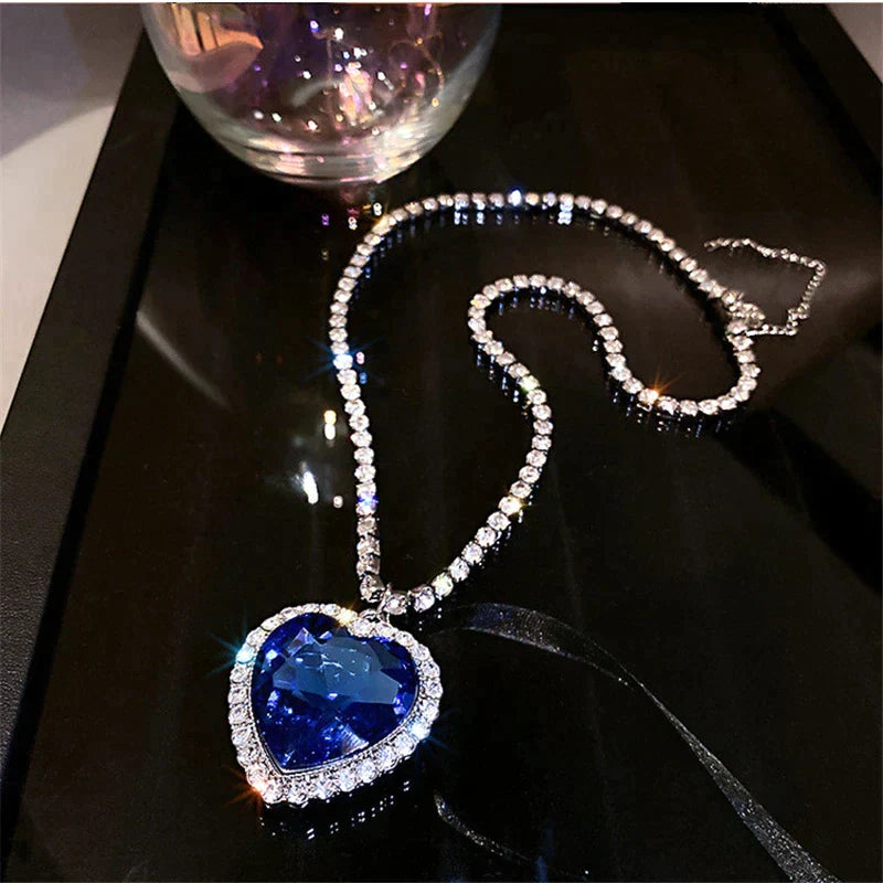Collier Cœur Cristal Bleu - Zirconia 57 cm Scintillant