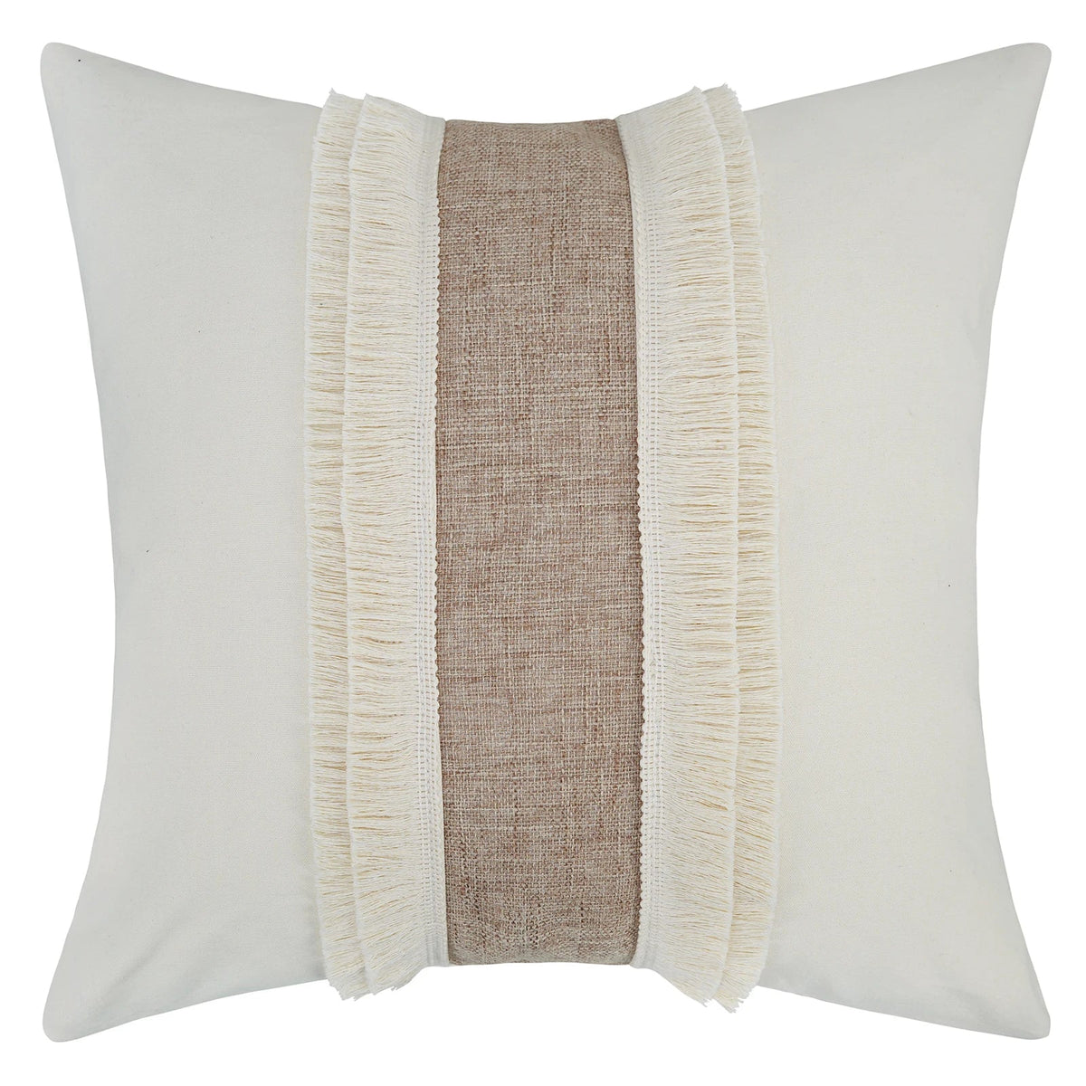 Bohemian - Beige Cushion Cover with Geometric Pattern and Fringe