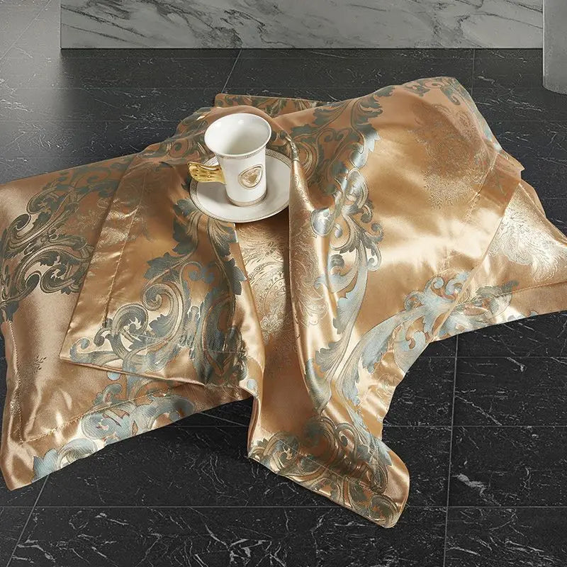 Wostar - Gold and Blue Jacquard Satin Duvet Cover Set