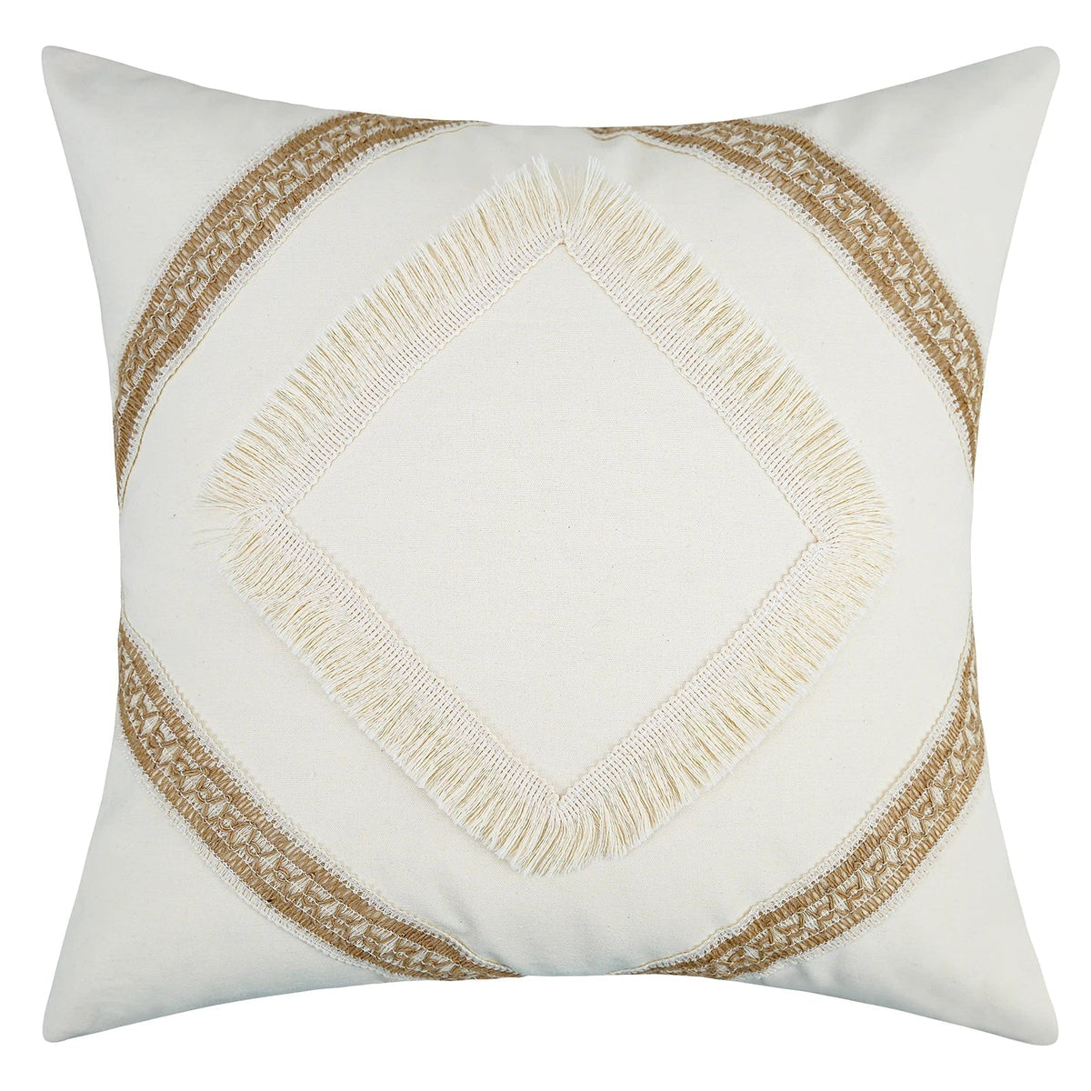 Bohemian - Beige Cushion Cover with Geometric Pattern and Fringe