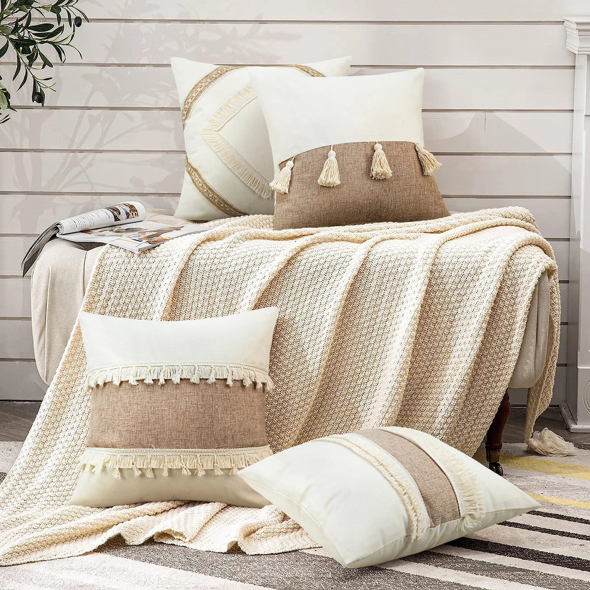 Bohemian - Beige Cushion Cover with Geometric Pattern and Fringe