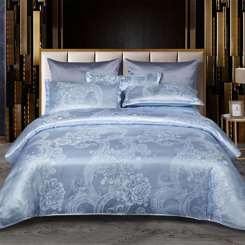 Wostar - Gold and Blue Jacquard Satin Duvet Cover Set