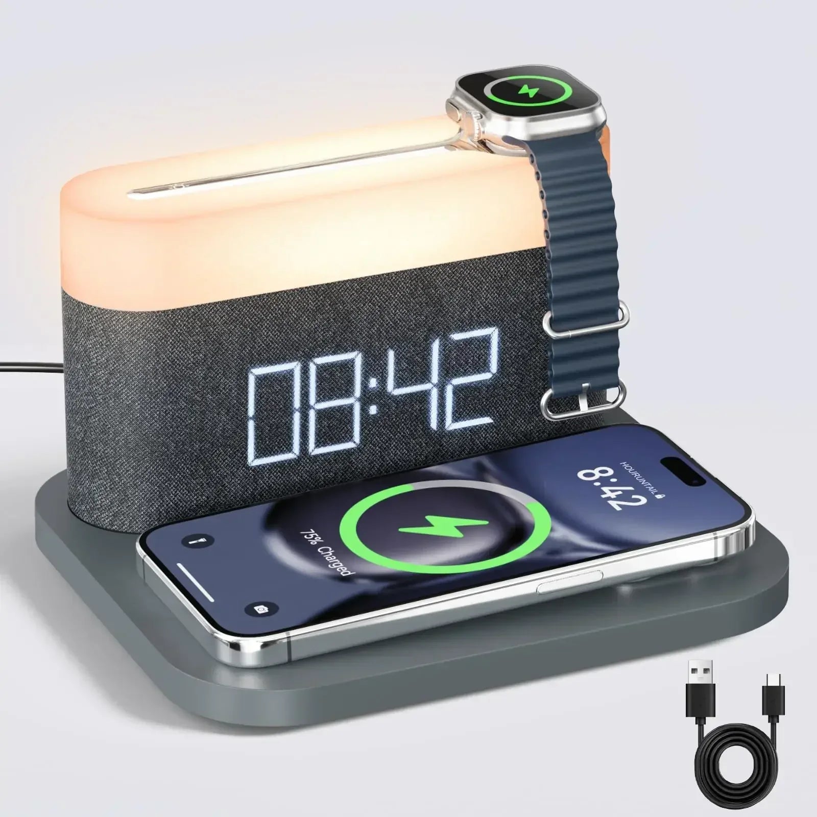 LuxeCharge Pro - Chargeur sans fil 15W avec veilleuse et fonction réveil
