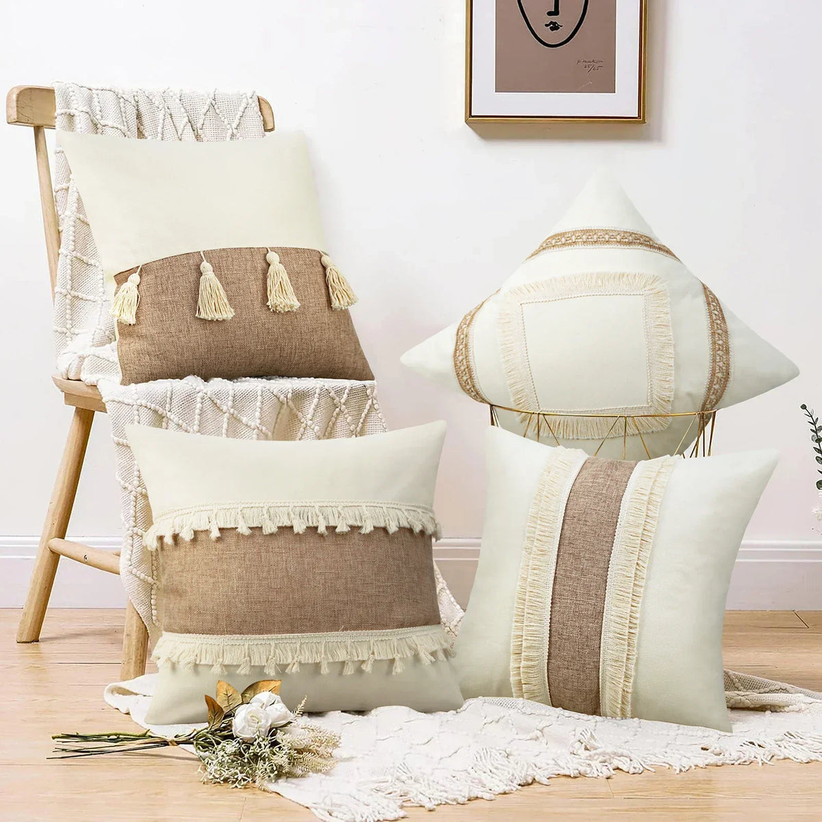 Bohemian - Beige Cushion Cover with Geometric Pattern and Fringe