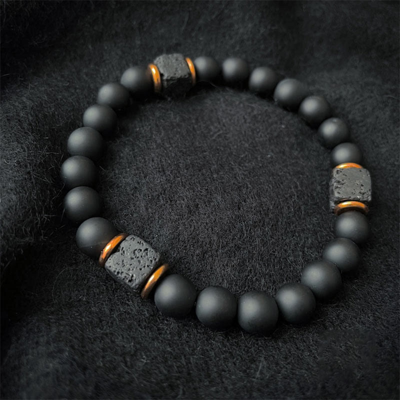 Aurelia - Bracelet équilibre onyx noir, cube et pierre de lave