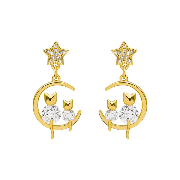 Feline - Boucles d'oreilles chat dorées avec zircones