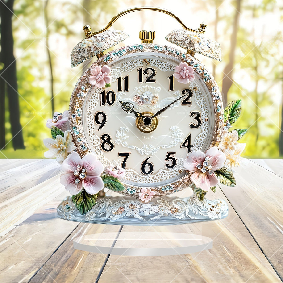 GlamTime Clock - Floral Acrylic Alarm Clock with Rhinestones