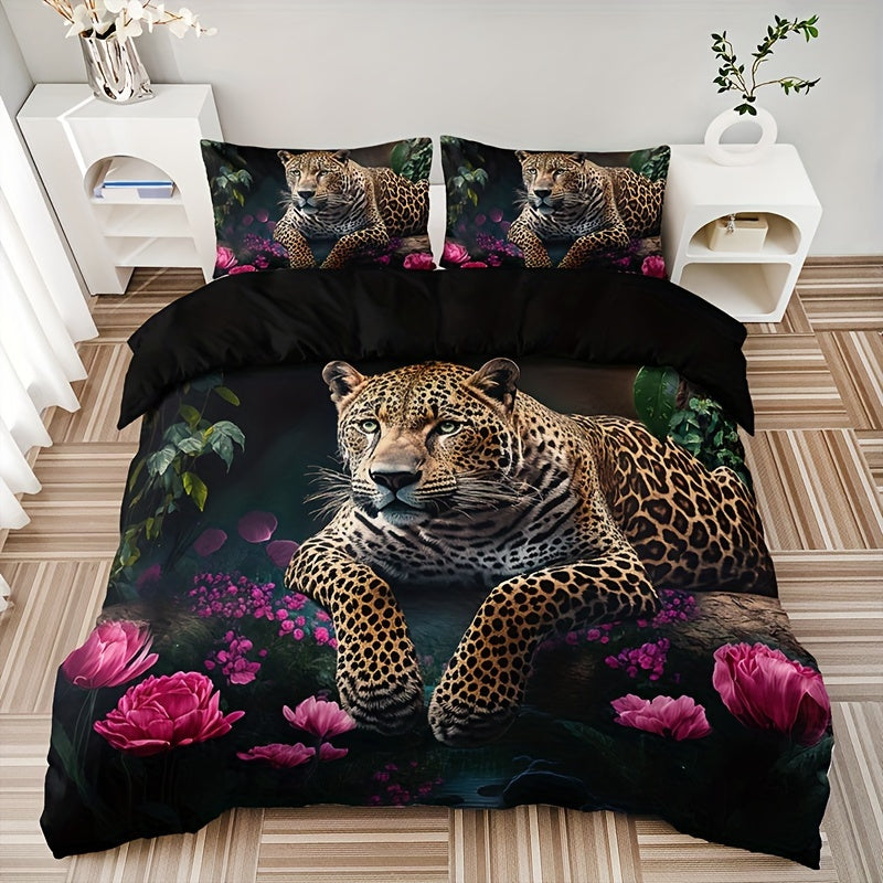 SavannaRose - 3-Piece Animal Print and Rose Pattern Bedding Set