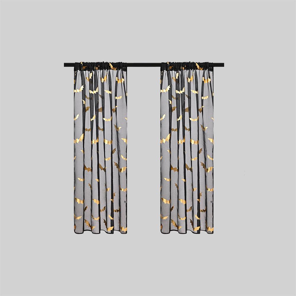 BatGlow Curtains - Black Sheer Voile with Bat Print