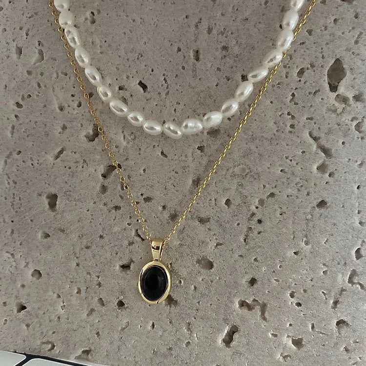 Aria - Collier superposable en onyx noir et perle