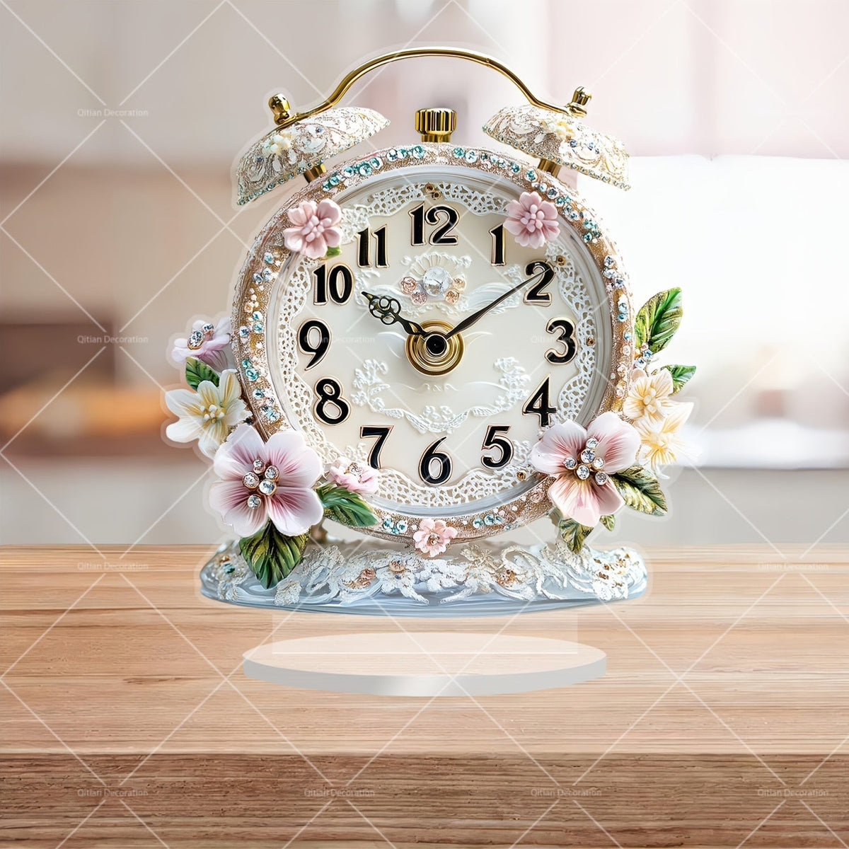 GlamTime Clock - Floral Acrylic Alarm Clock with Rhinestones