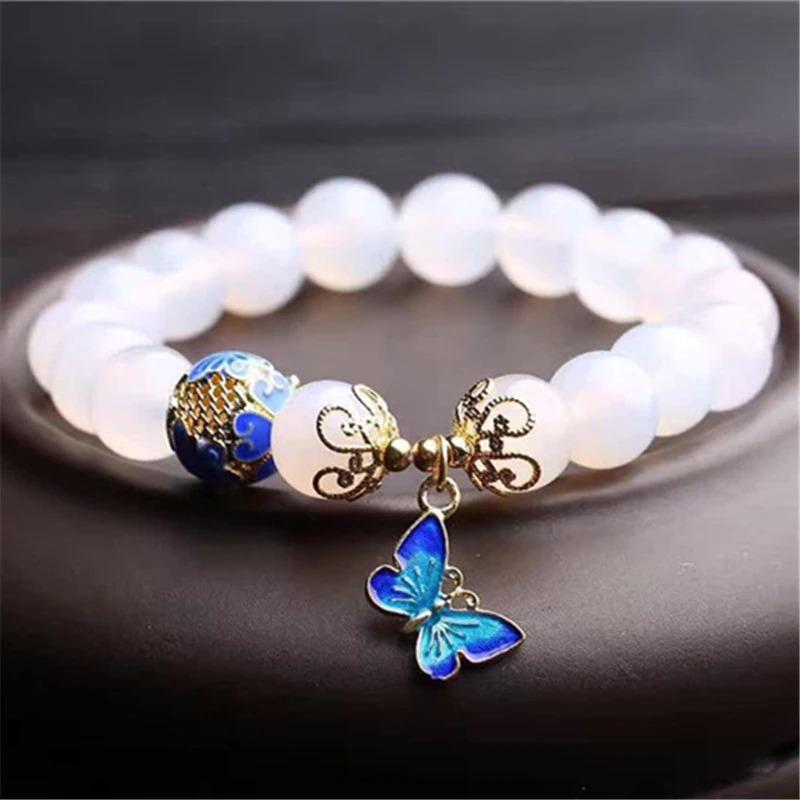 Bracelet à breloque papillon - Breloque en agate blanche perlée