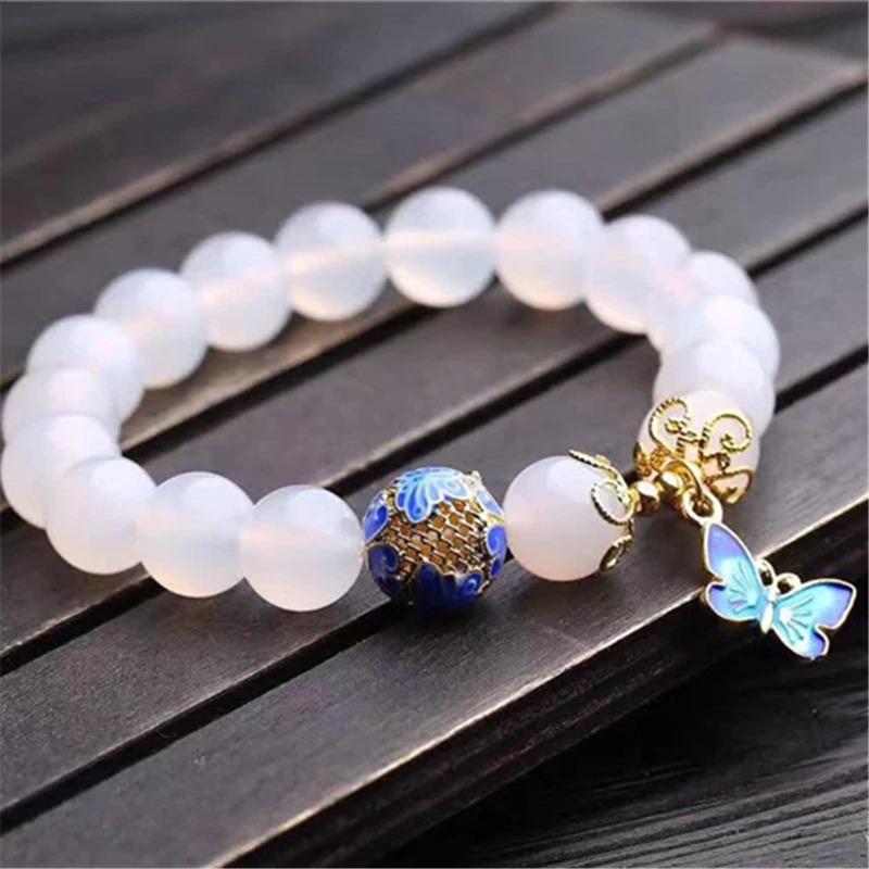 Butterfly Charm Bracelet - White Agate Beaded Symbol of Transformation