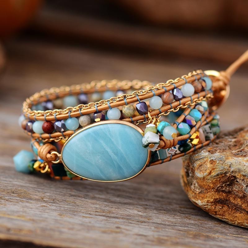 Bracelet Amazonite - Bracelet wrap bleu océan