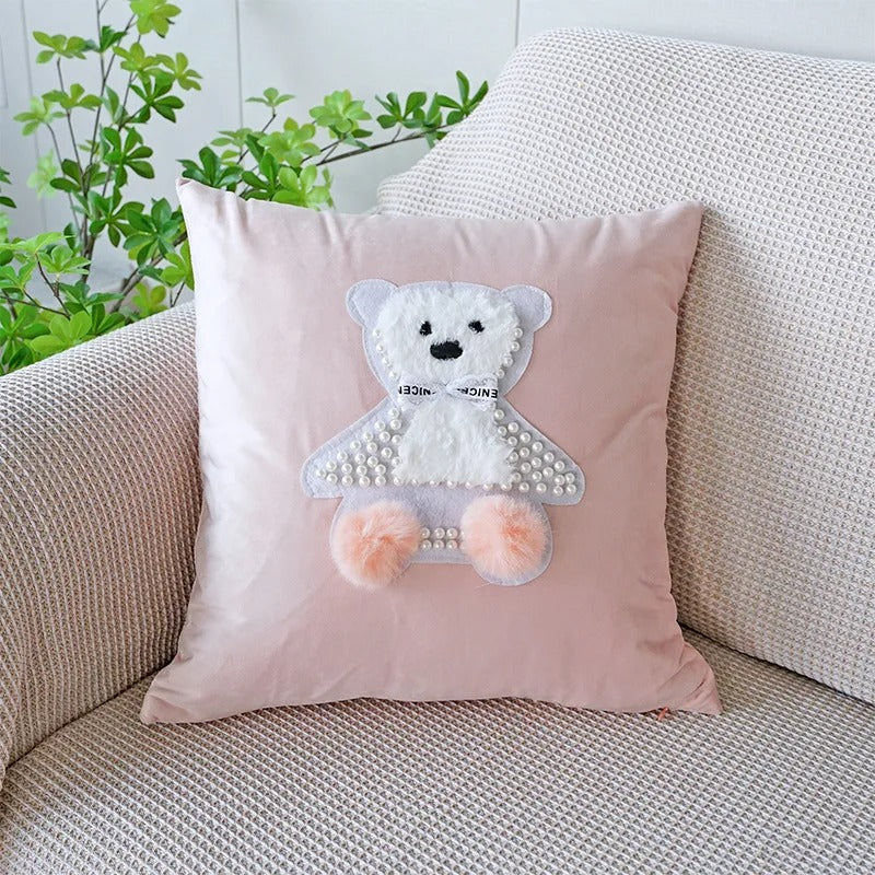 VelourVista - Enchanting Pink Bunny Cushion Cover for a Magical Interior