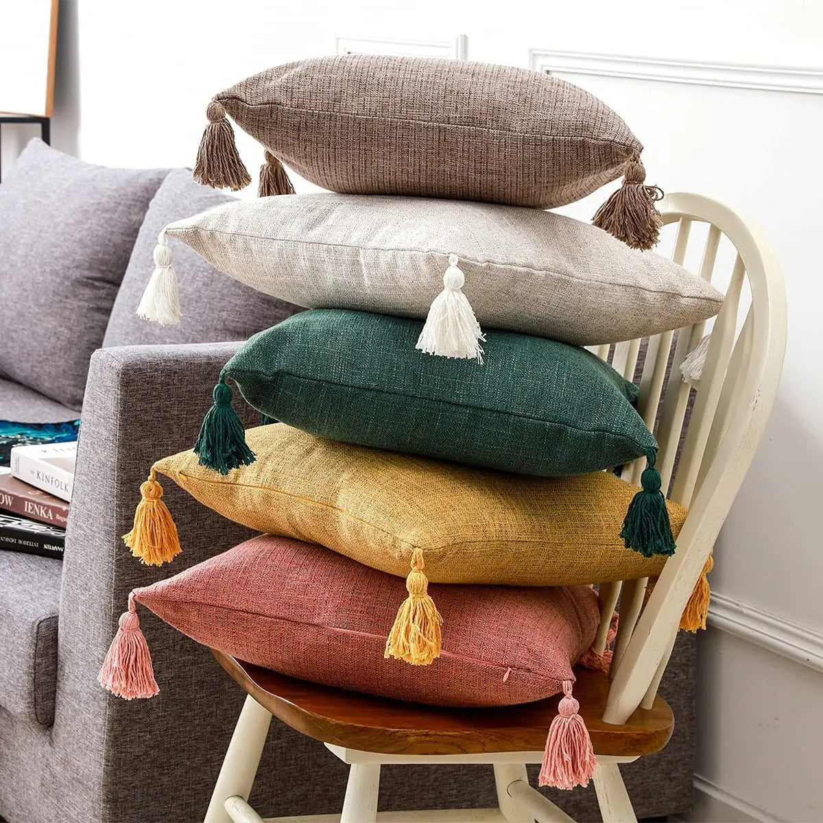 ImperialRest - Elegant Linen Pom-Pom Cushion Cover