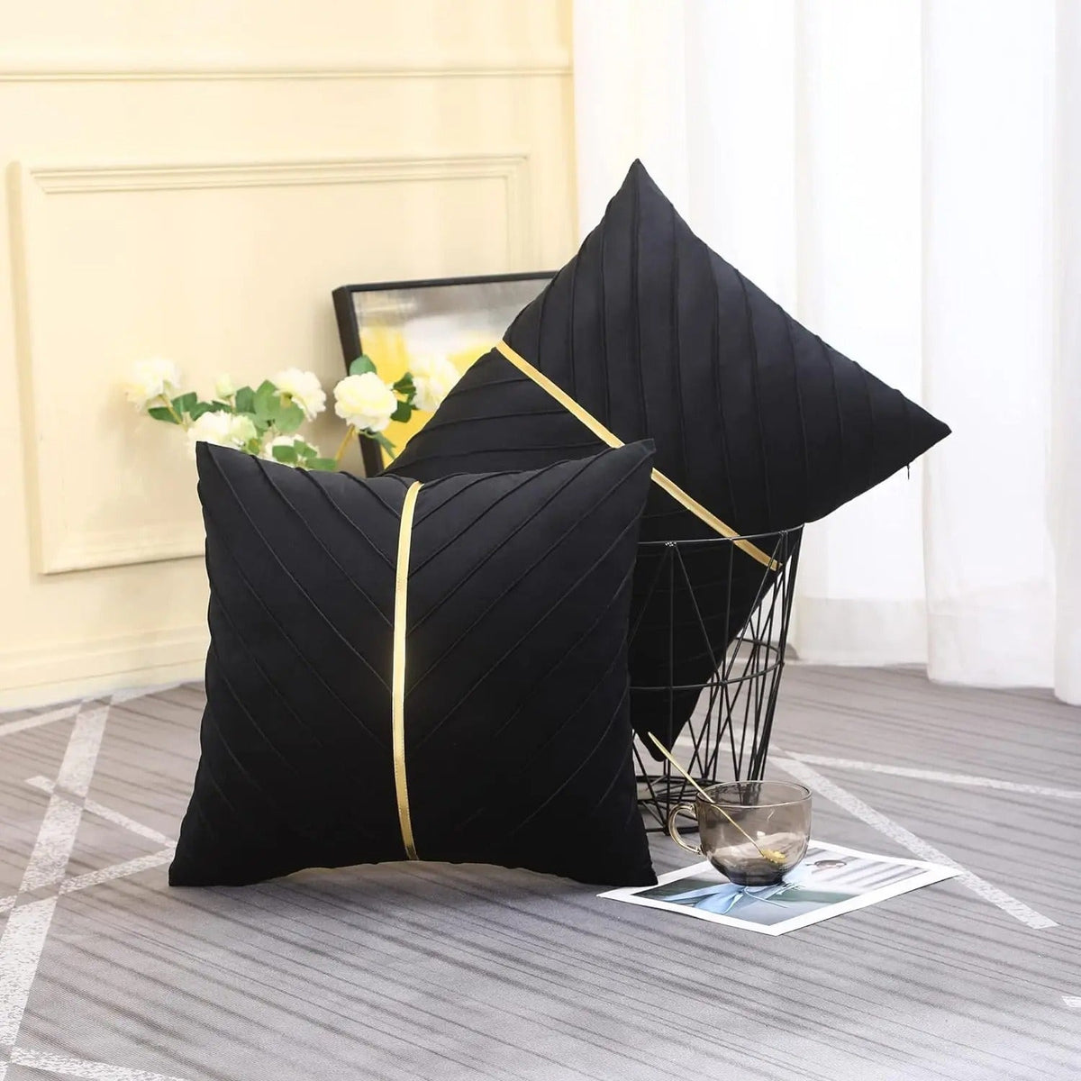 Noir Elegance - Velvet Cushion Cover with Gold Sequins