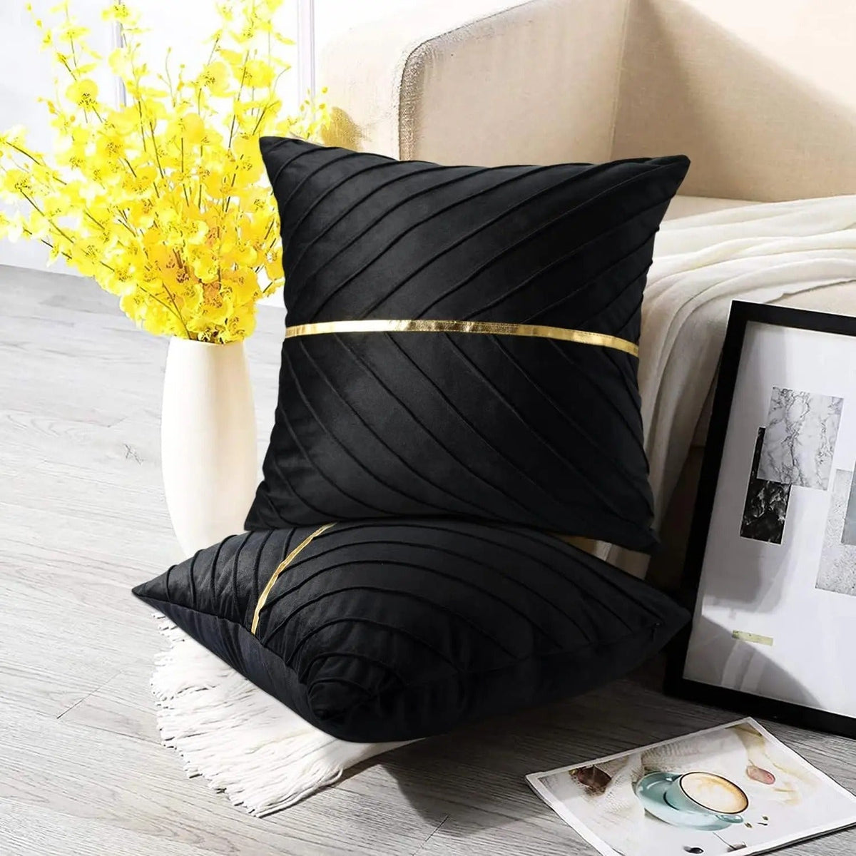 Noir Elegance - Velvet Cushion Cover with Gold Sequins