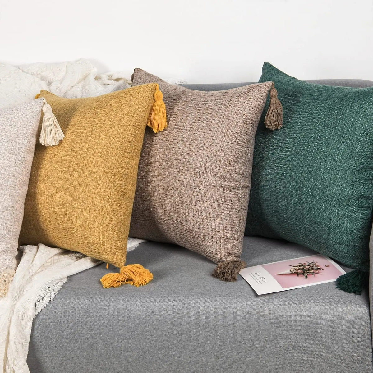 ImperialRest - Elegant Linen Pom-Pom Cushion Cover