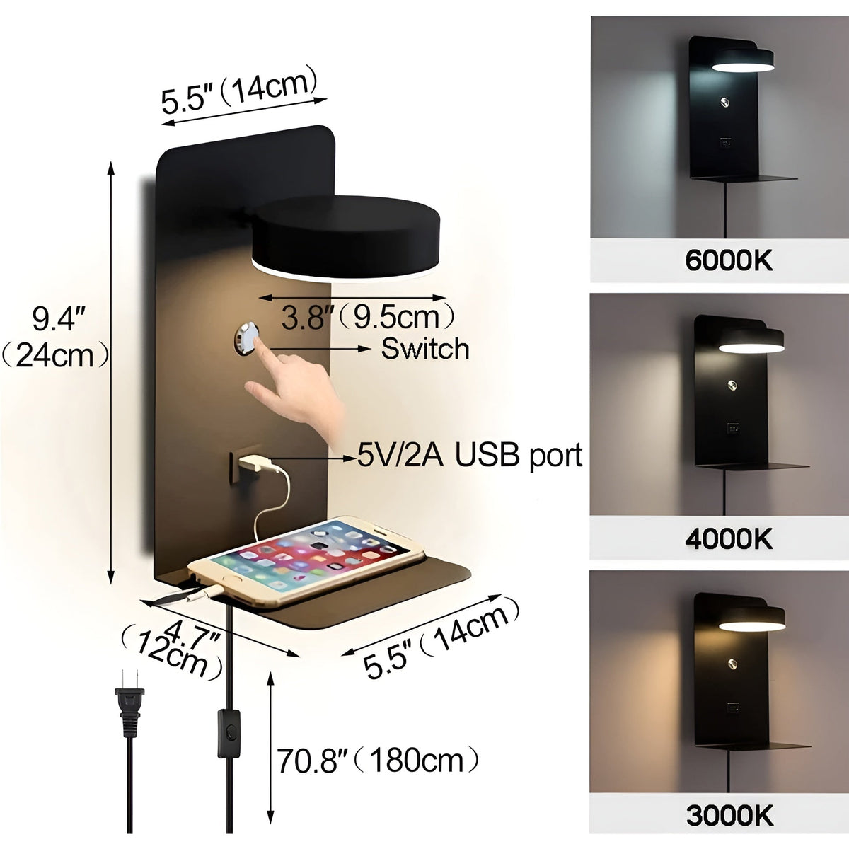 ChargeBright - LED Wall Lamp with USB Charging Port