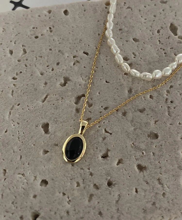Aria - Collier superposable en onyx noir et perle