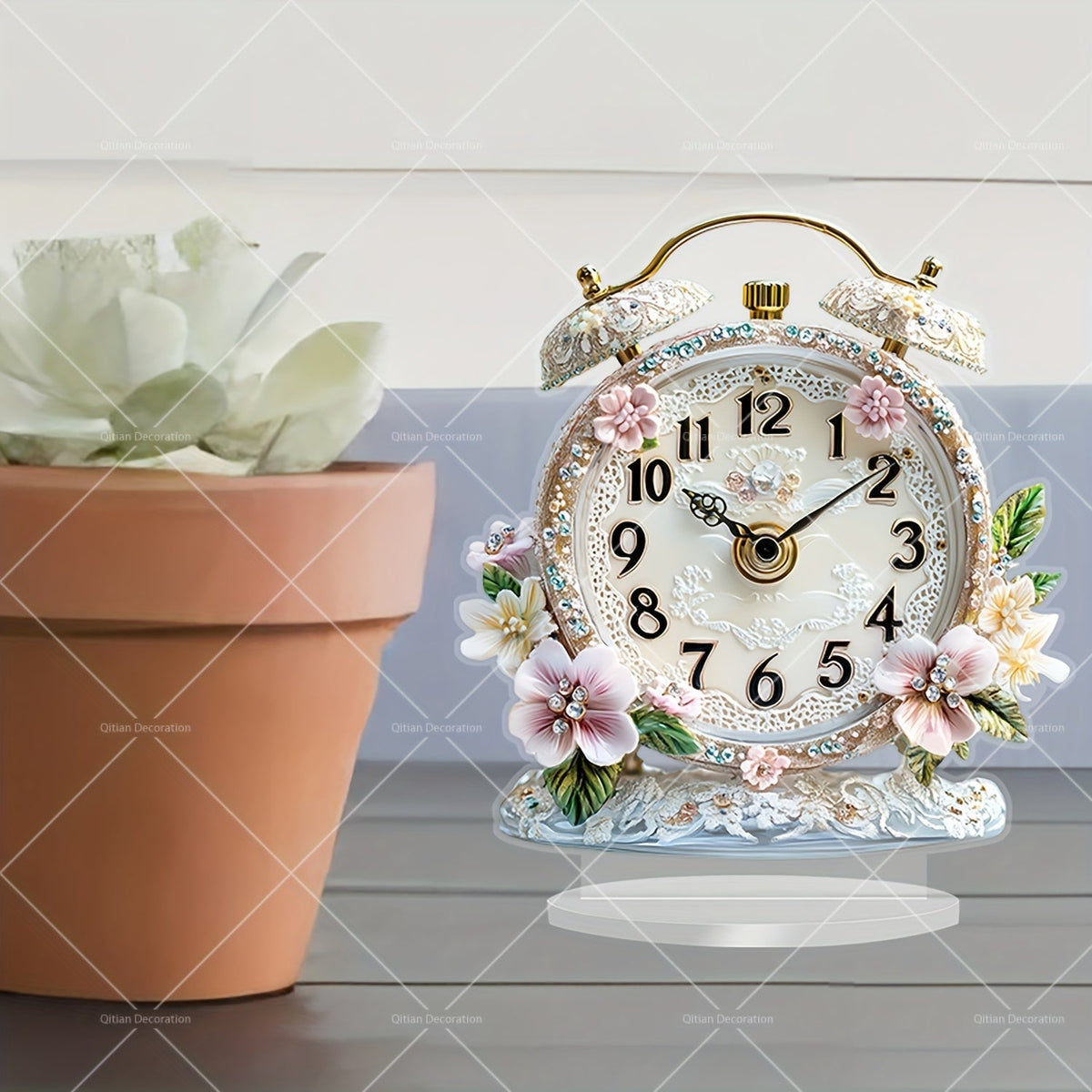 GlamTime Clock - Floral Acrylic Alarm Clock with Rhinestones