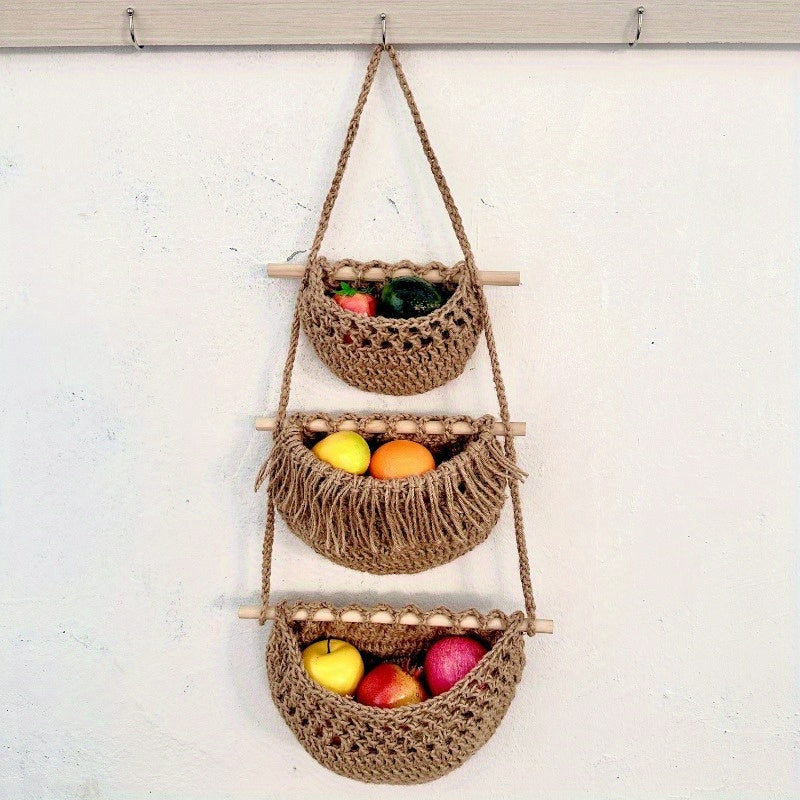 BohoCharm - Three-Tier Hanging Hemp Storage Bag for Fruits and Vegetables