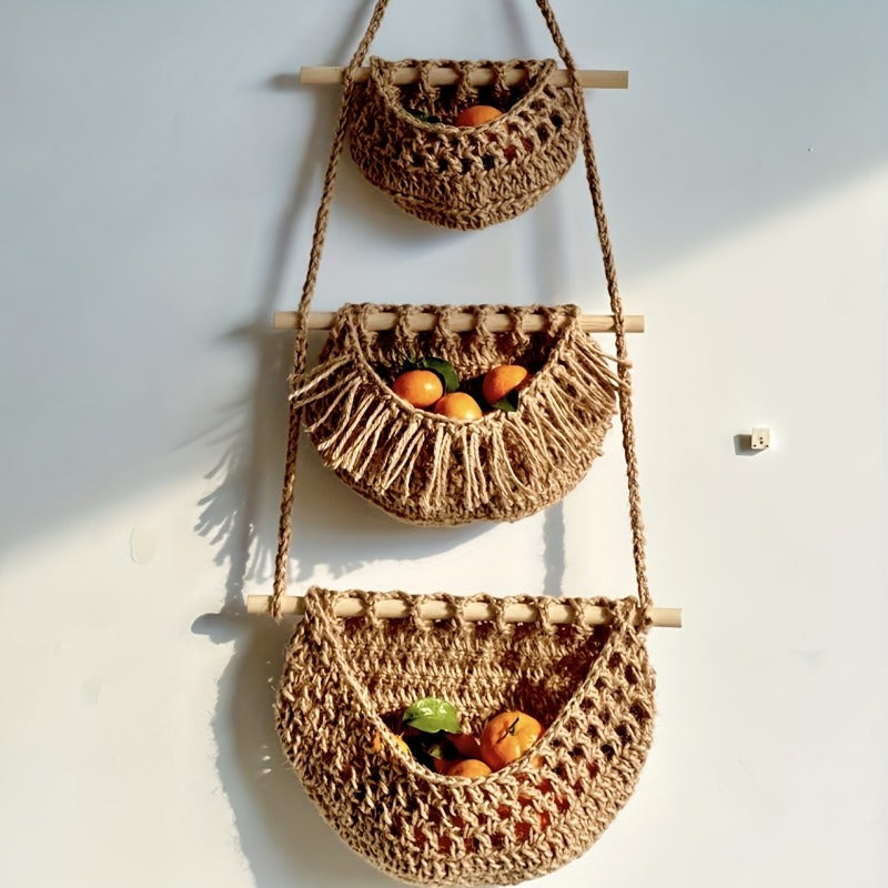 BohoCharm - Three-Tier Hanging Hemp Storage Bag for Fruits and Vegetables