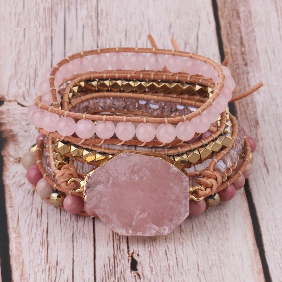 Amoria - Bracelet en quartz rose et accents dorés