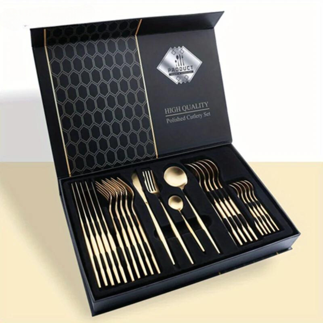 IvoraGold - Golden 24-Piece Stainless Steel Cutlery Set