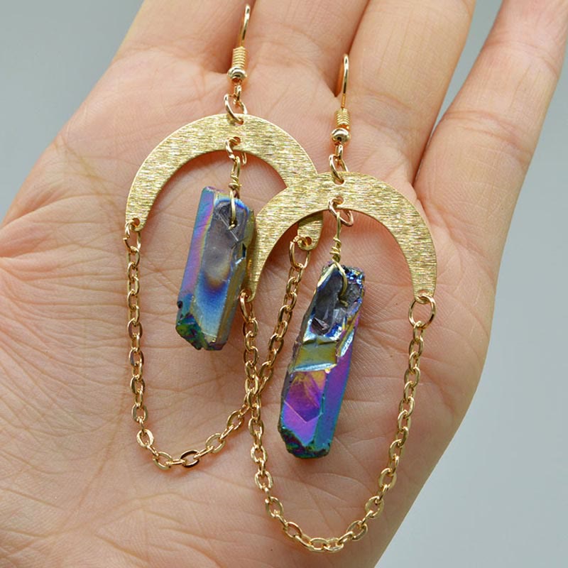 Elara - Boucles d'oreilles cristal naturel lune et étoiles